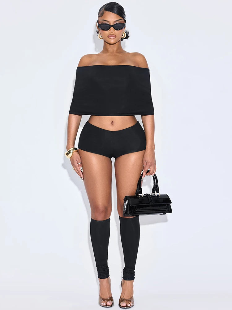 NEW 3PCS Set Black/Dark Brown Color Hipster Women Slash Neck Mid Sleeve Crop Tops +Shorts +Foot Cover Simple Summer Trend Matching Streetwear Suit