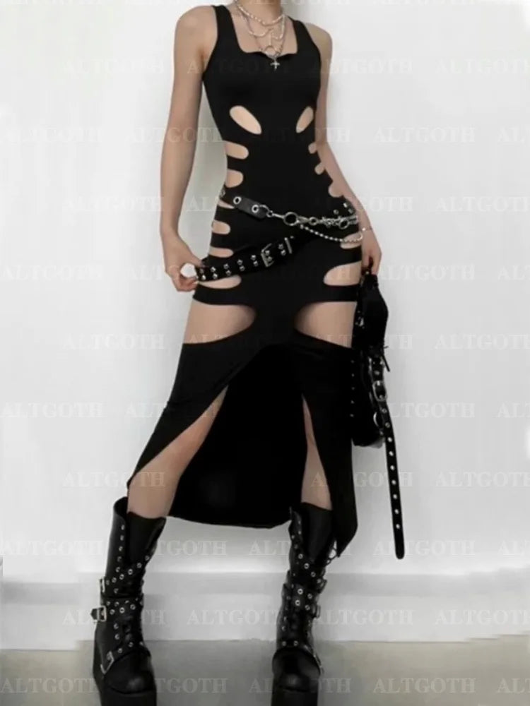 NEW Arrivals UK Size Harajuku Gothic Dark Dress Women Streetwear Cyber Punk Y2K E-Girl Grunge Sexy Hollow Out High Waist Bodycon Dress Female Evening Rave Party Dress
