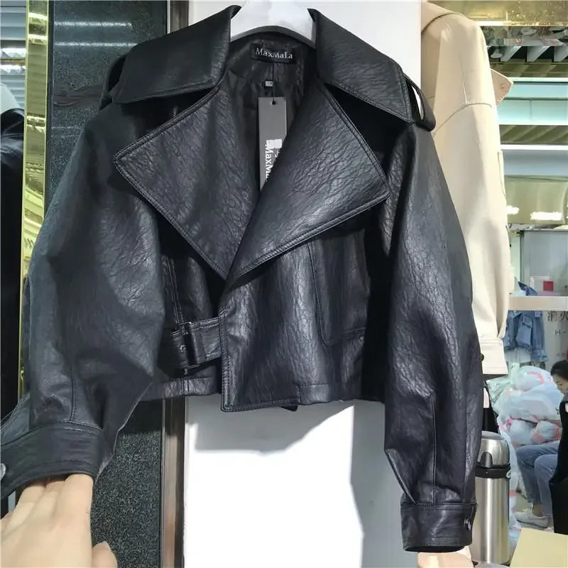 NEW Arrivals Vintage Casual Streetwear Women Leather Jacket Turn Down Collar Long Sleeve Loose Autumn Winter Coat Style Chic Tops