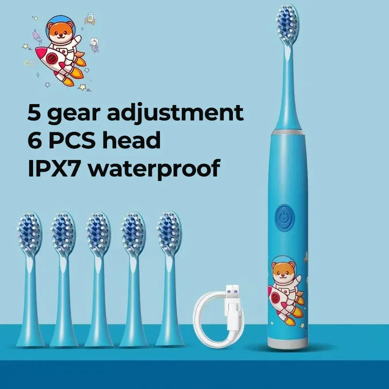 Colorful Sonic Children's Electric Toothbrush Rechargeable Cartoon Design Automatic IPX7 Waterproof with 5 Replacement Heads Children Oral Hygiene Supplies