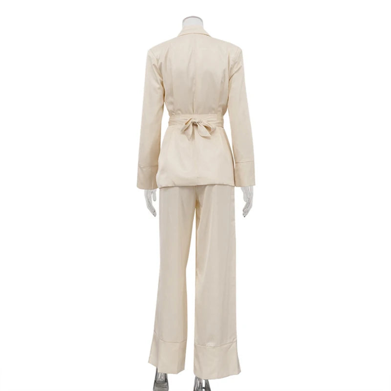 NEW 2PCS Set S-XL UK Size Elegant Beige Satin Trousers Business Office Lady Formal Outfit Spring Women V-Neck Long Sleeved Lace Up Top +High Waist Loose Wide Leg Pants Female Ladies Luxury Fashion Clothing Supplies