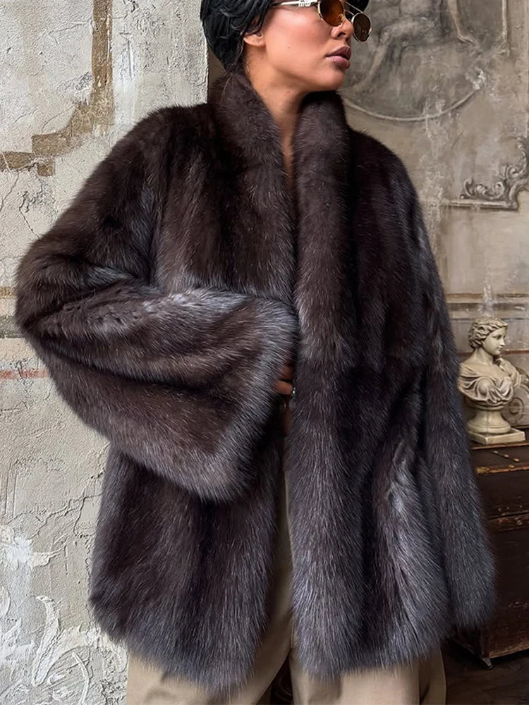 NEW Woman Brown Plush Fur Thick Coat Stand Up Collar Loose Short Jacket Lady Autumn Winter Casual Fashion Commuter Outwear
