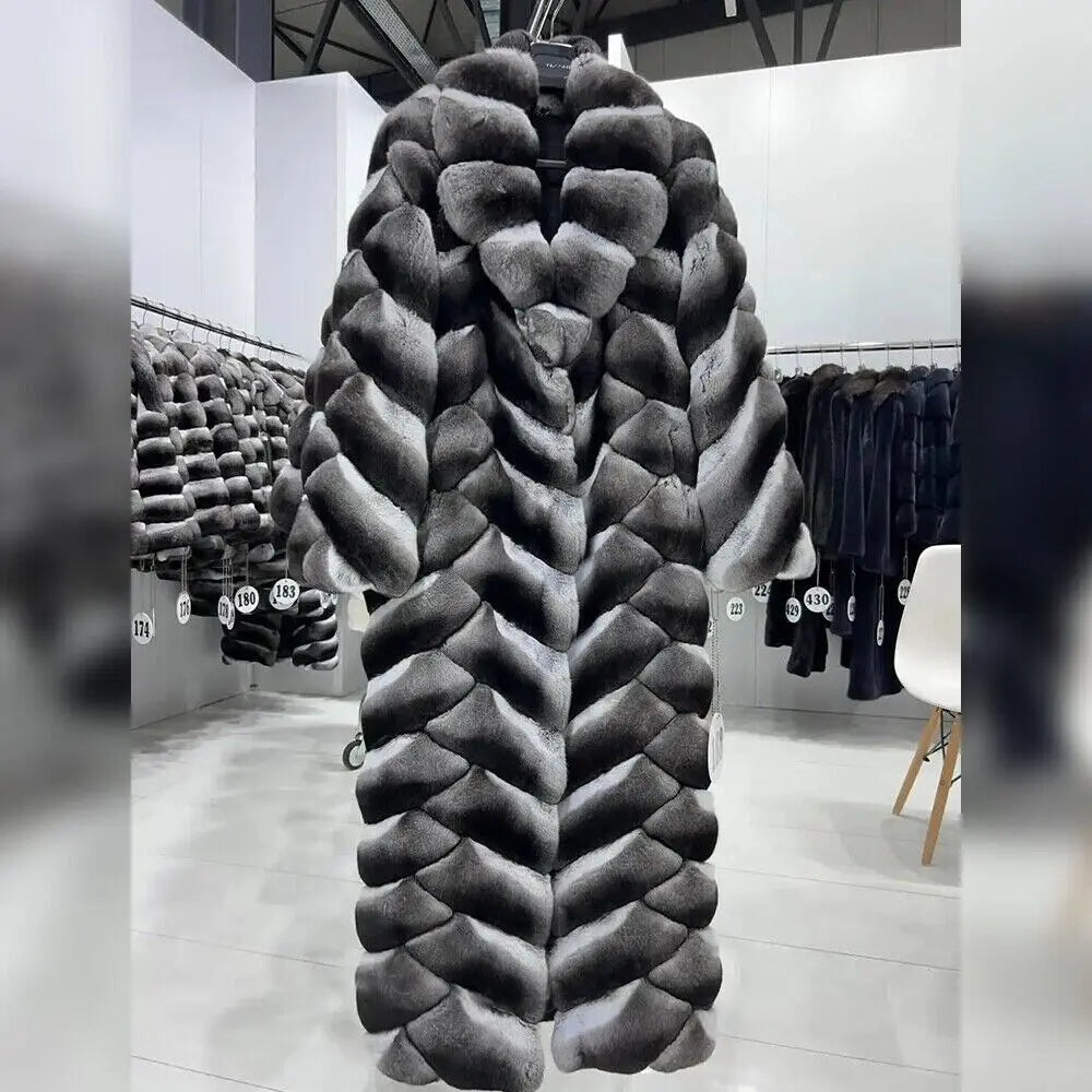 Low-Price Sales are Limited S-3XL Luxury Original Chinchilla Fur Coat Women's Long Real Rex Rabbit Fur Overcoat Fashion Winter Warm Outerwear Genuine Fur Jacket Female Ladies Winter Luxury Fashion Clothing Products