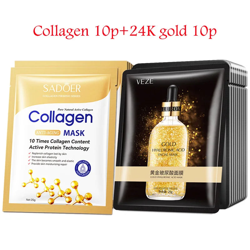 NEW 20PCS Korean Set Snail + 24K Gold + Collagen + Hyaluronic Acid Face Mask Skincare Moisturizing Anti Wrinkle Whitening Facial Masks Face Sheet Mask Korean Skin Care Products