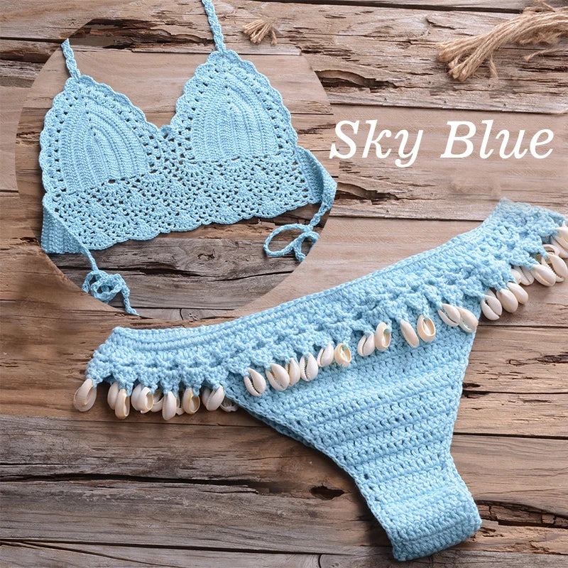 NEW Arrivals 10 Colors Handmade Sexy Women Large Size Swimwear Knitted Halter Bikini Top Bra Sexy Beach Swimsuit Hollow Bathing Suit Bikini Set Push Up Swim Thongs