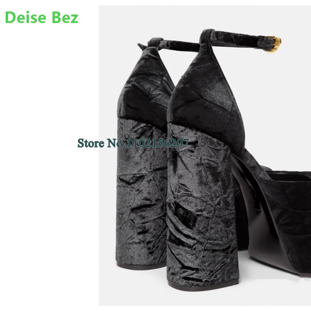 New Arrivals Suede Fabric Paltform Pumps For Female Women Chunky Heel Crystal Ankle Buckle Strap Square Toe Fashion Shoes