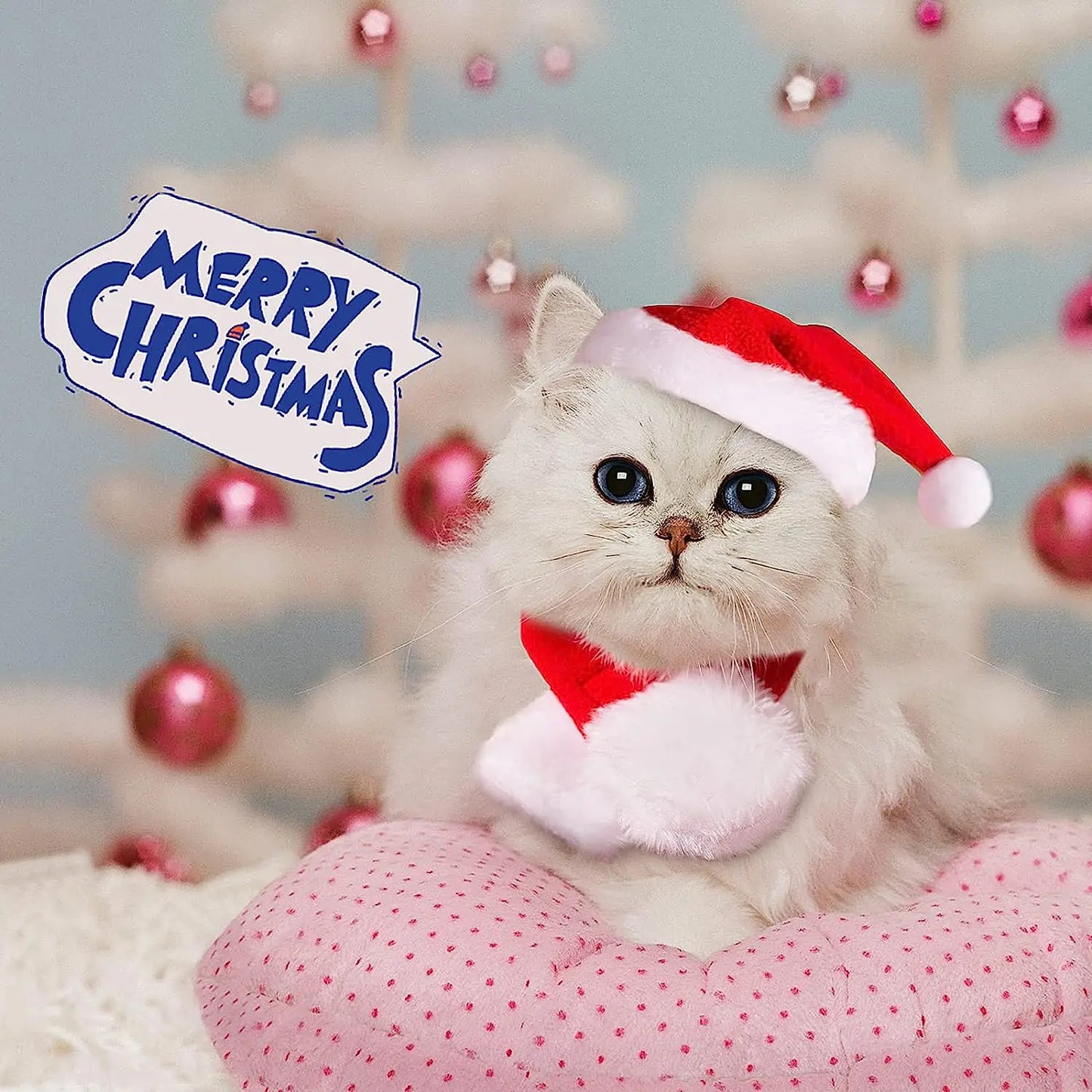 Christmas Cat Costume Small Dog Santa Claus Hat with Scarf Kitty Xmas Outfit Apparel Pet Santa Claus Set for Kitten, Puppy