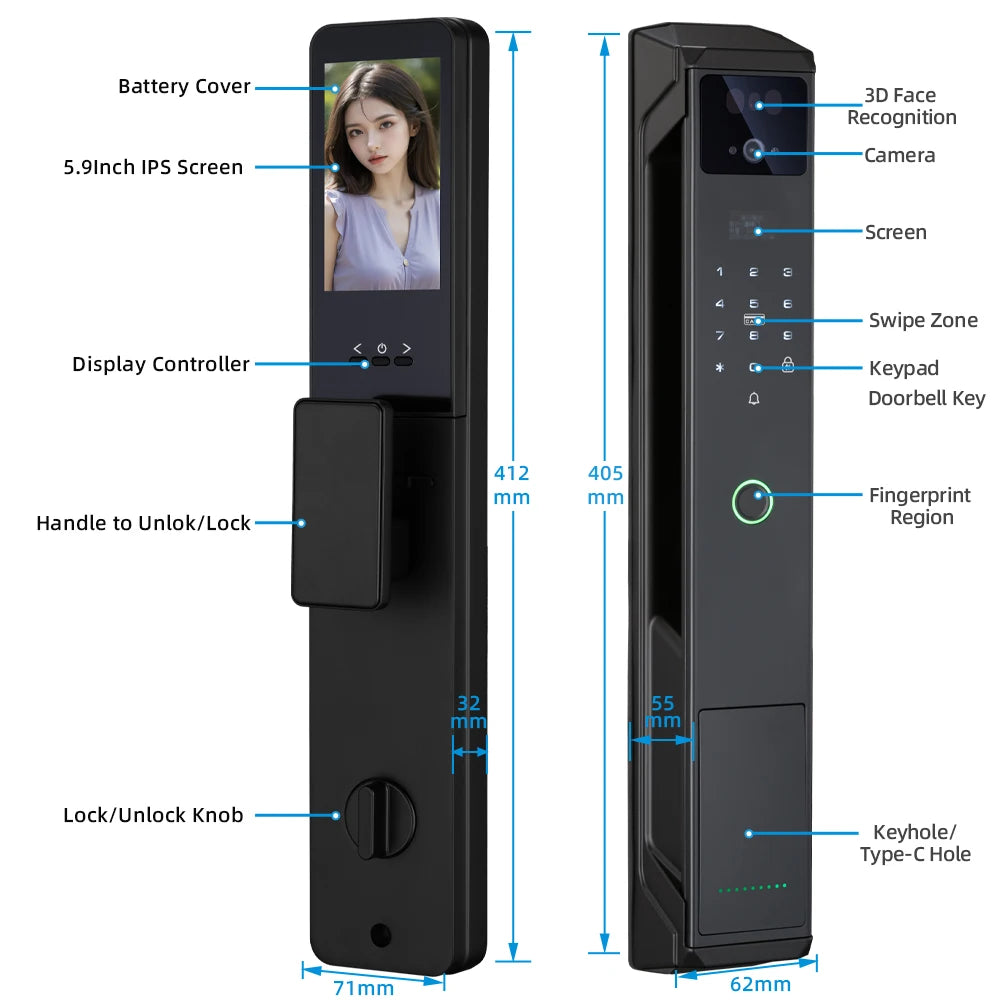 NEW Arrivals P8 TUYA App Wi-Fi Smart Lock, 21 Languages, Remote Video Call Intercom, Face-Palm IC Card Unlock, Black/Gray Anti Theft Top Quality Security System Home Apartments Office Security Supplies
