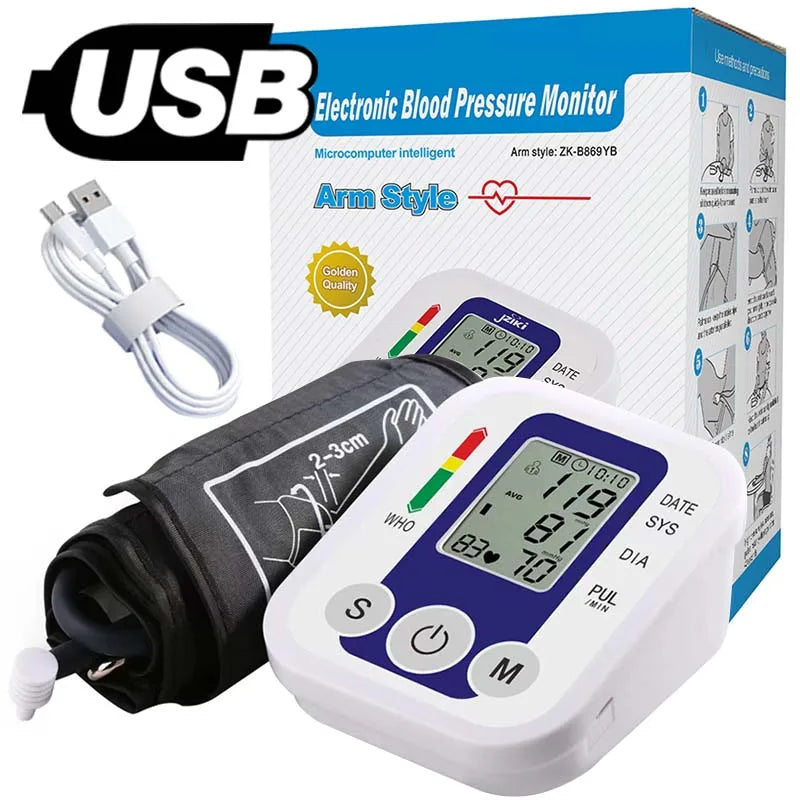 NEW 3PCS Set LCD Portable Health Care Pulse Meter BP Monitor Automatic Digital Arm Blood Pressure Monitor Tonometer Meter Sphygmomanometer Health Care Supplies