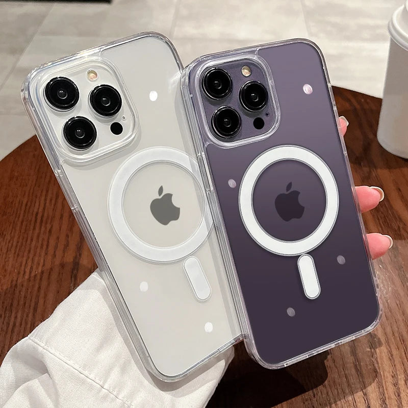 For iPhone Pro Max Magnetic Transparent Wireless Charge Case For iPhone 11 12 13 14 15 16 Pro Max Plus Mini X 7 8 Shockproof PC Cover