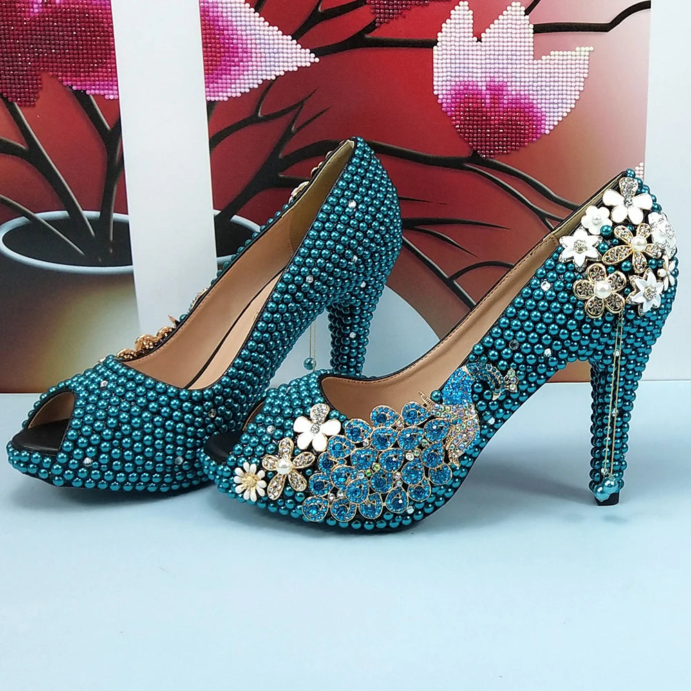 Low-Price Sales are Limited NEW Teal Luxury Blue Pearl Wedding Shoes Set with Matching Bags Bride High Heels Platform Shoes Open Toe Green Blue Evening Party Night Business Dinner Shoes Ladies Luxury Fashion Clothing Supplies