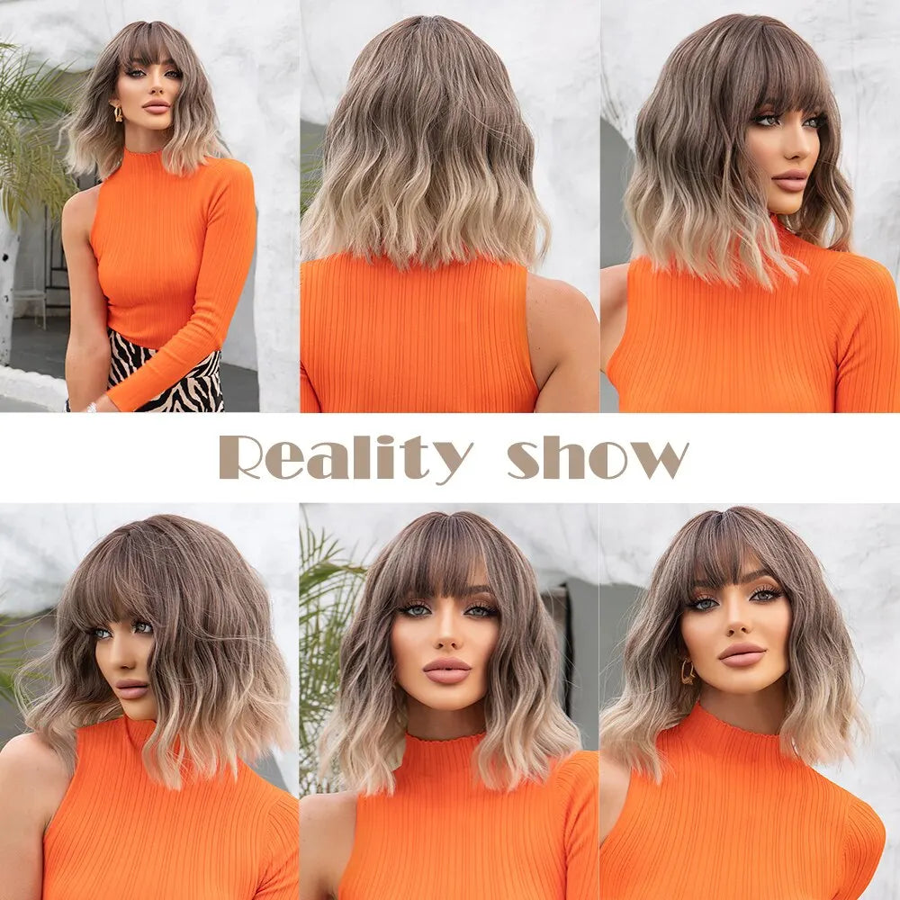 Women Grey Wavy Bob Wigs with Bangs Short Blonde Ombre Synthetic Wig With with Dark Roots Natural Hair for Daily Use