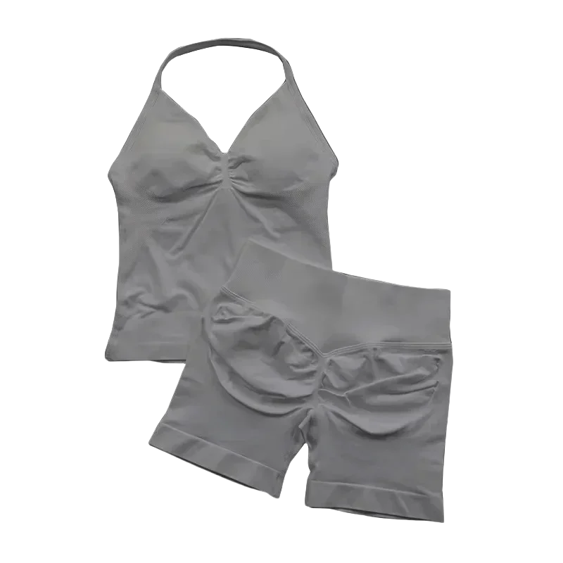 NEW Arrivals 2PCS Set 10 Colors Girls Yoga Gym Set Women's Strap Vest & Shorts Resistance Training Seamless Halter Tank Top Scrunch Butt Lifting Gym Shorts Set