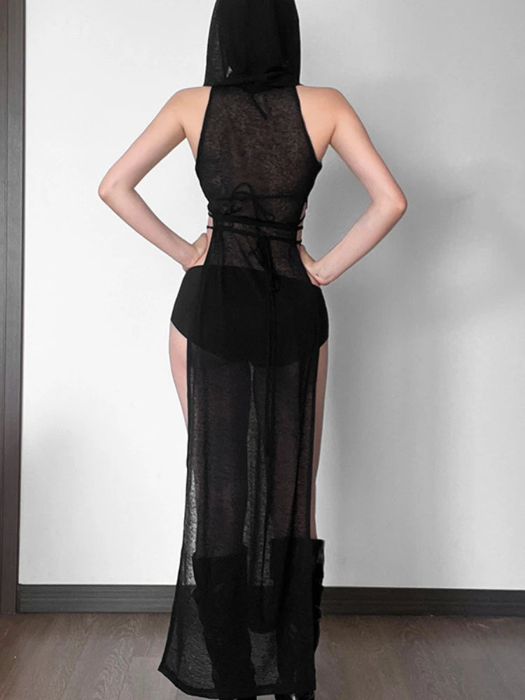 NEW Arrivals UK Size Sexy Punk Gothic Dress Women Vintage Streetwear Cyber Y2K Mesh Hollow Out Sleeveless Hooded Cut Out Butt Dress EMO Alt Grunge Clothes