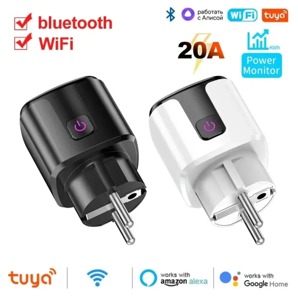 NEW Arrivals TUYA App Wi-Fi + Bluetooth 20A Socket Smart EU Plug With Power Monitoring Timer Child Lock Outlet Google Home Alice Smart Devices Alexa Google Support Home Smart Life Supplies