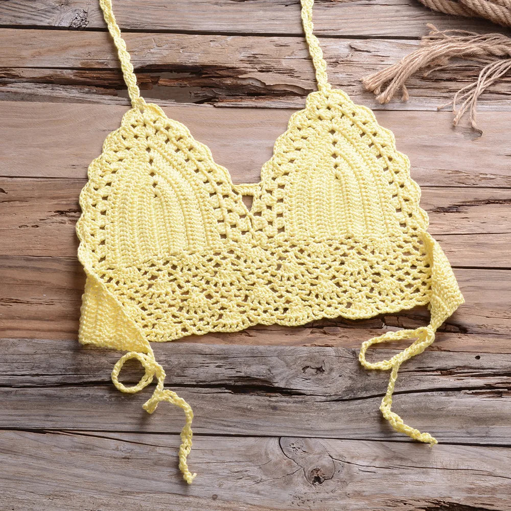 NEW Arrivals 10 Colors Handmade Sexy Women Large Size Swimwear Knitted Halter Bikini Top Bra Sexy Beach Swimsuit Hollow Bathing Suit Bikini Set Push Up Swim Thongs
