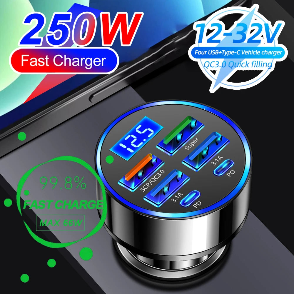 NEW Arrivals 250W 6 Ports PD Car Charger QC3.0 Fast Charge One to Six Car Cigarette Lighter Plug Car Charger Flash Charge with Digital Display