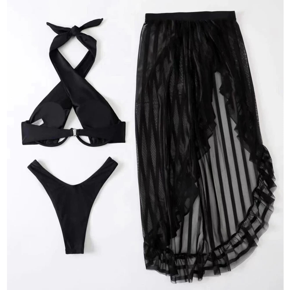 NEW!!!! Sexy Black Cross Halter 3PCS Mesh Skirt Bikini Set Swimwear Women Hollow Push Up Swimsuit Backless Bathing Suit