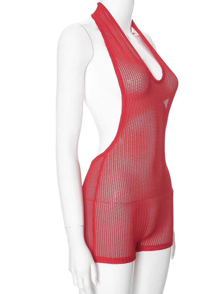 NEW Arrivals Sexy Hot Red Backless Halter Rompers Women Thin Sexy Sleeveless Backless Stretch See Through Playsuits Midnight Clubwear Overalls Girls Sexy Fashion Clothing Supplies