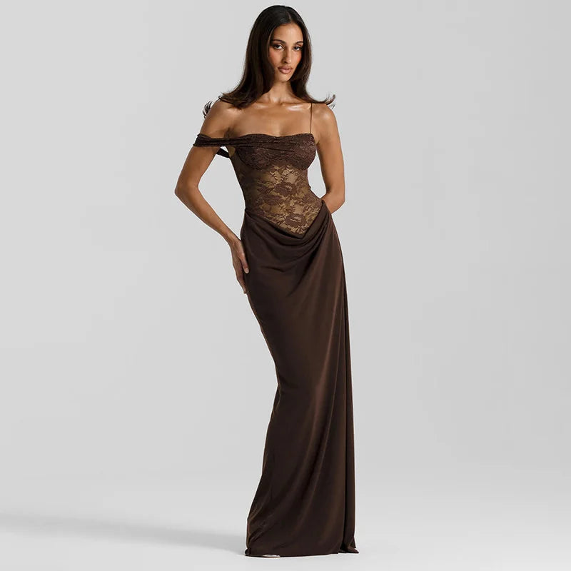 NEW Brown/Burgundy/Black Color UK Size One Shoulder Lace See Through Sexy Maxi Dress Women Gown Fashion Off-shoulder Sleeveless Backless Evening Party Club Long Dresses