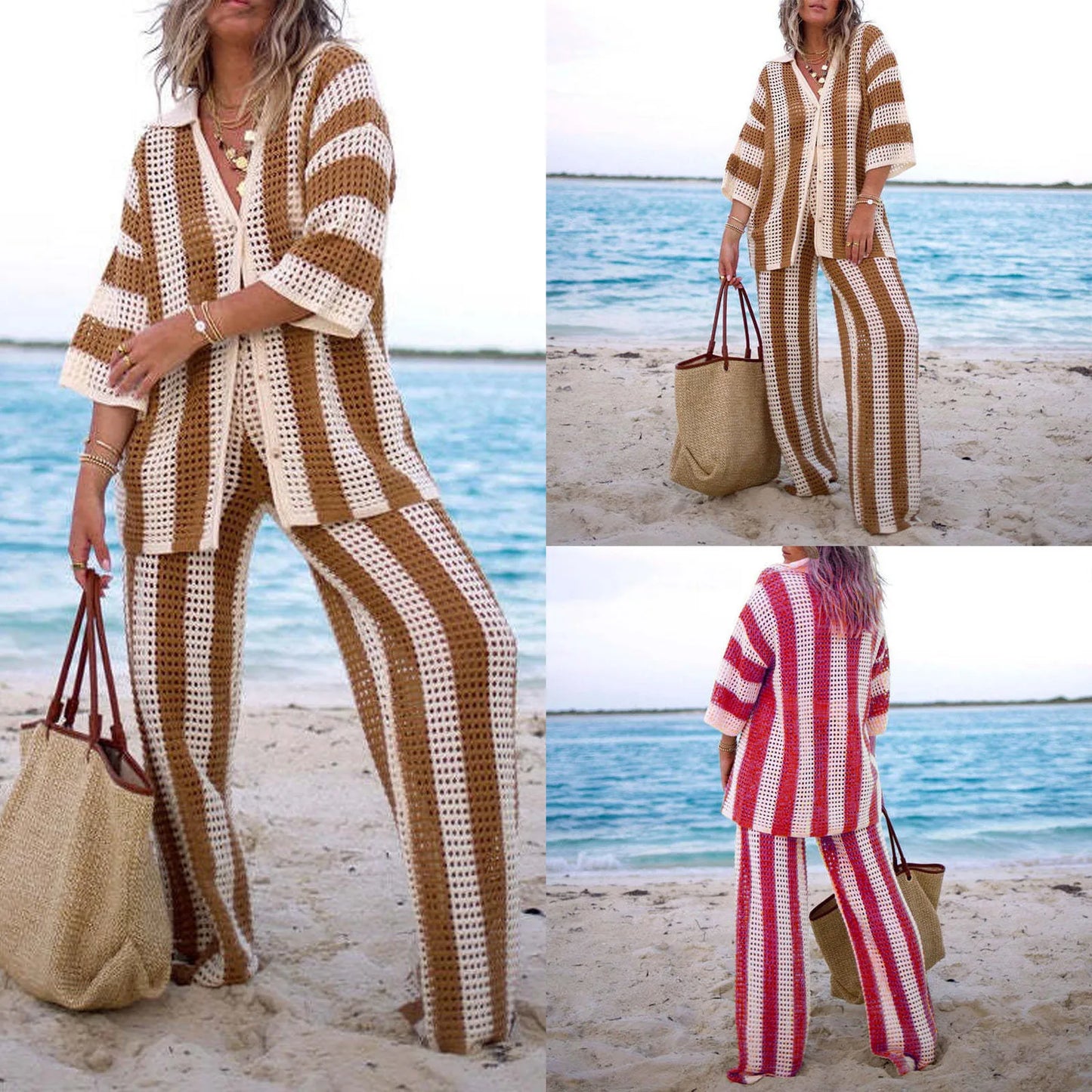 NEW Arrivals 2PCS Set UK Big Size Rose Red/Brown/Dark Blue Summer Beach Casual Women Suit Sexy Spring Summer Hollow Out V-Neck Half Sleeves Wide Leg Pants Sets Stripe Shirts Pant Sets