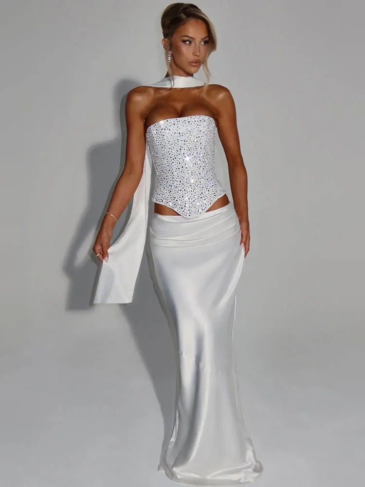 NEW White/Black Color UK Size Sequins Sexy Dress Set Women Sparkle Scarf Collar Crop Tops And Maxi Skirt Elegant Club Party Satin Skirt Matching Set Ladies Sexy Fashion Clothing Supplies