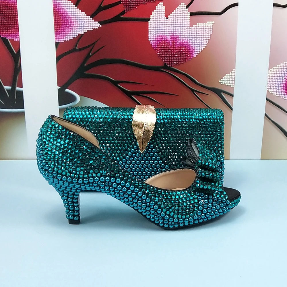 New Arrival Teal Luxury Blue Crystal Women Wedding Shoes Set with Matching Bags Peep Toe High Heels Pumps Open Toe Shoes and Purse Evening Party Night Business Dinner Apparel Accessories Ladies Luxury Fashion Clothing Suppl