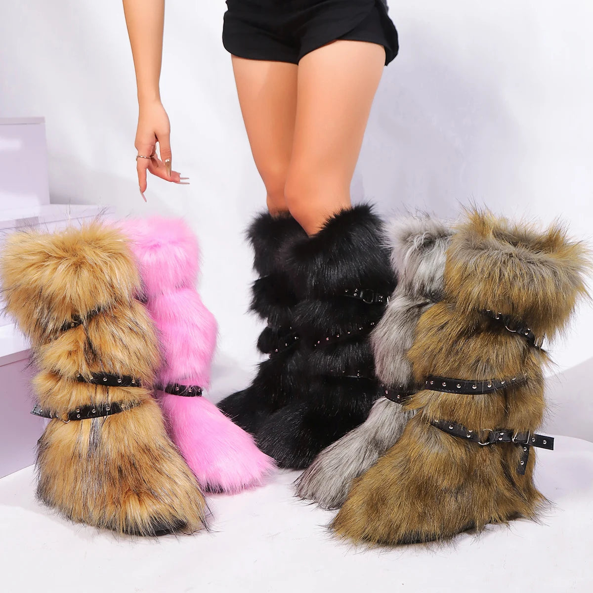 NEW Arrivals 7 Colors Winter Snow Boots Women Fox Fur Snow Boots Warm Platform Long Boots Cute Plush Over Knee High Boots Y2K Girls Outdoor Furry Shoes