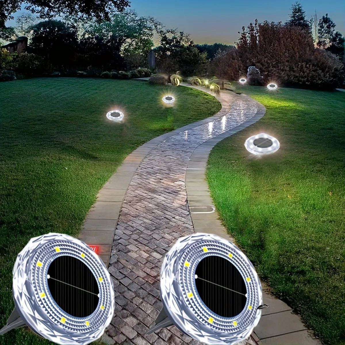 NEW Arrivals 2PCS Set 8 LEDs Solar Ground Lights Solar Lights Outdoor Bright LED Solar Disk Lights Outdoor Garden Pathway Driveway Lawn Lights Home Outdoor Lighting Accessories