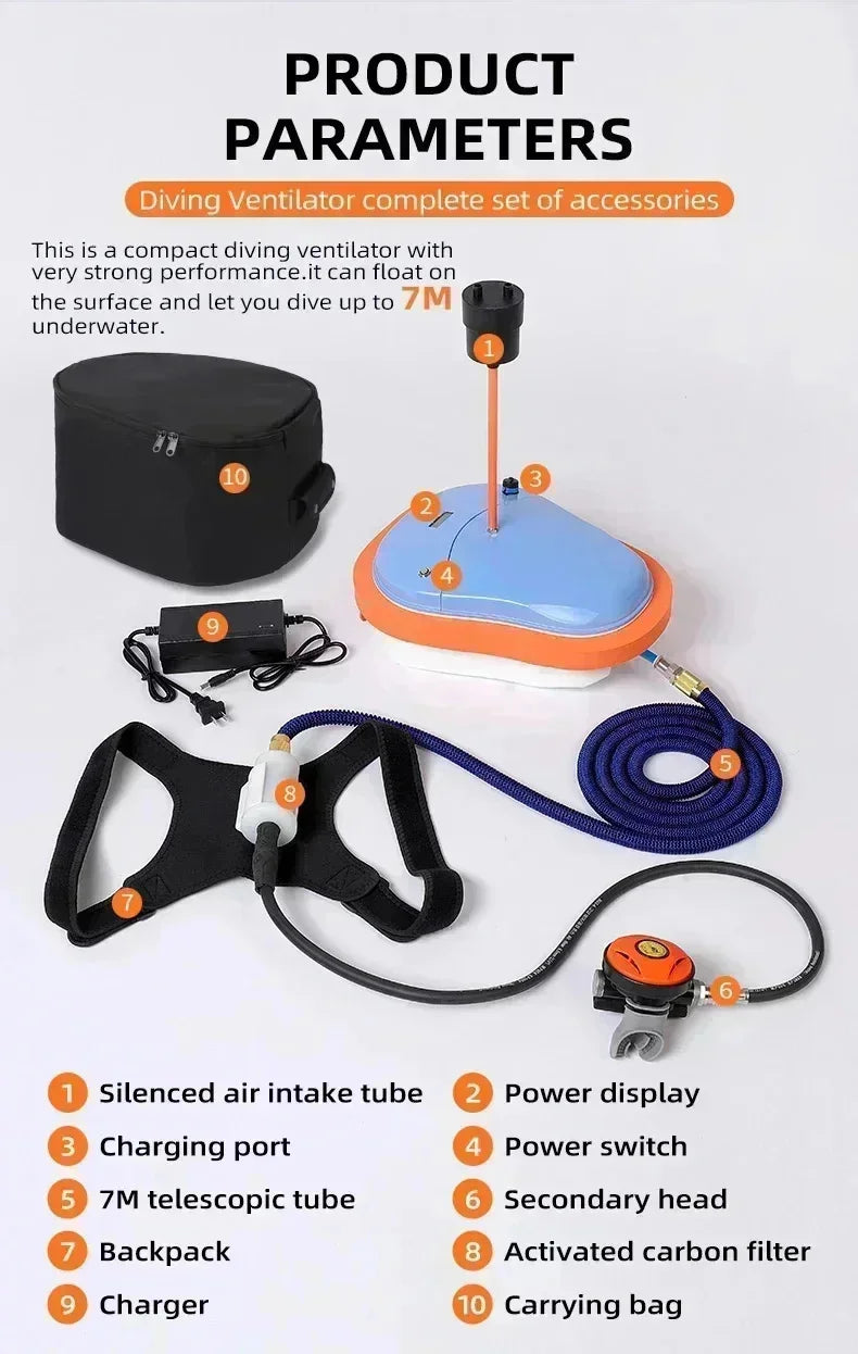 8700mAh 7M Electric Diving Breathing Apparatus Underwater Breathing Submersible Pump Snorkeling Scuba Diving Breathing Tube Equipment