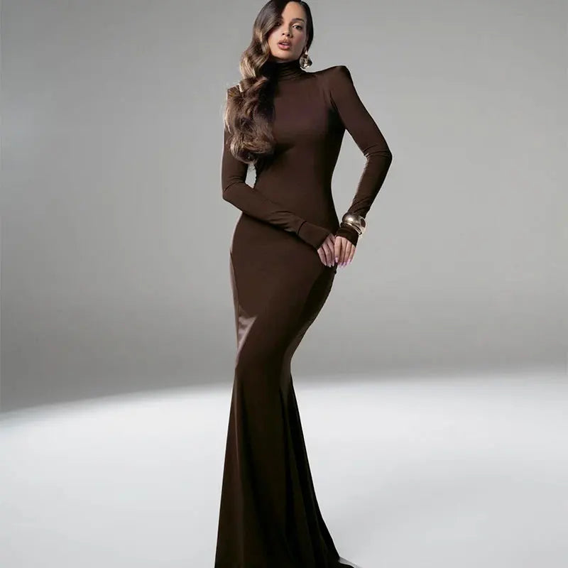 NEW Arrivals Brown/Khaki Color Long Sleeves Women's Evening Dress Elegant Party Spring Autumn Winter Sexy Backless Dress Streetwear Fashion Casual Slim Turtleneck Brown Dress
