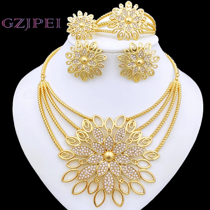 Luxury Jewelry 5 PCS Set For Women High Quality 18K Gold Plated Dubai Jewelry Necklace Earrings Ring Bracelet Trending Evening Wedding Party Business Dinner Luxury Jewelry Sets