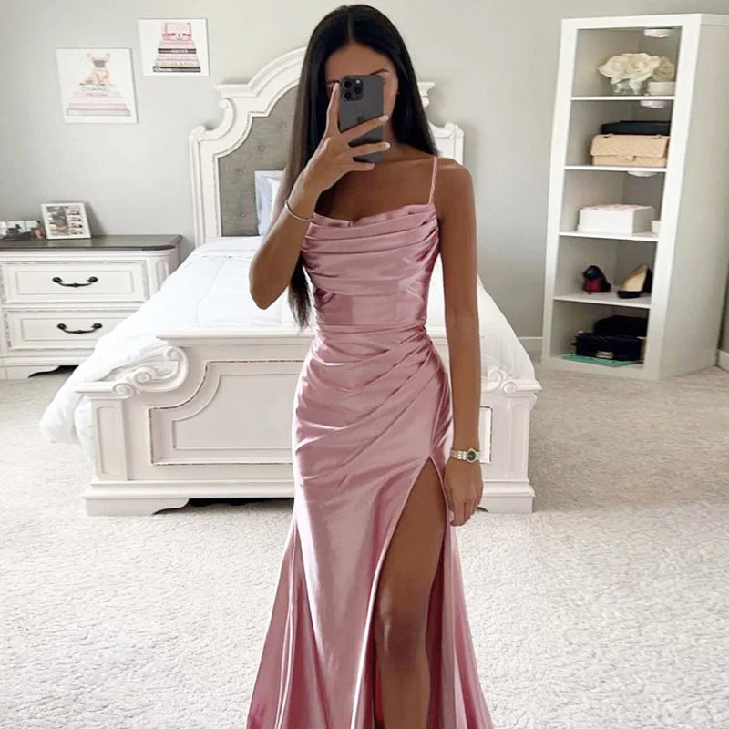 Just Arrived Luxury Satin Maxi Dress 8 Colors S-2XL UK Size New Style Strapless Gathered Side Slit Satin Gown Sexy European And American Bodycon Evening Dress for Women