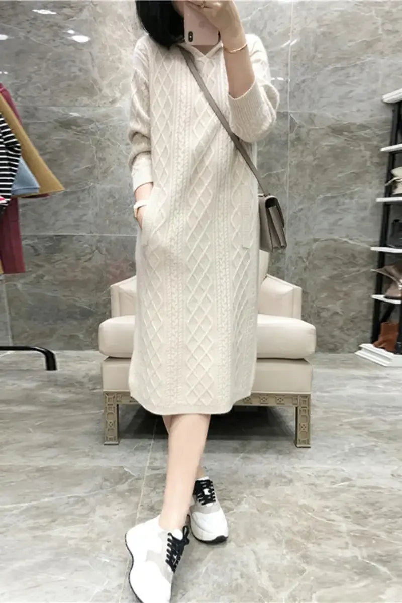 Pure Goat 100% Cashmere S-2XL Size Knee-Length Dress with Hoodie Knitted Bottoming for Autumn And Winter 100% Warm Comfortable Knitwear