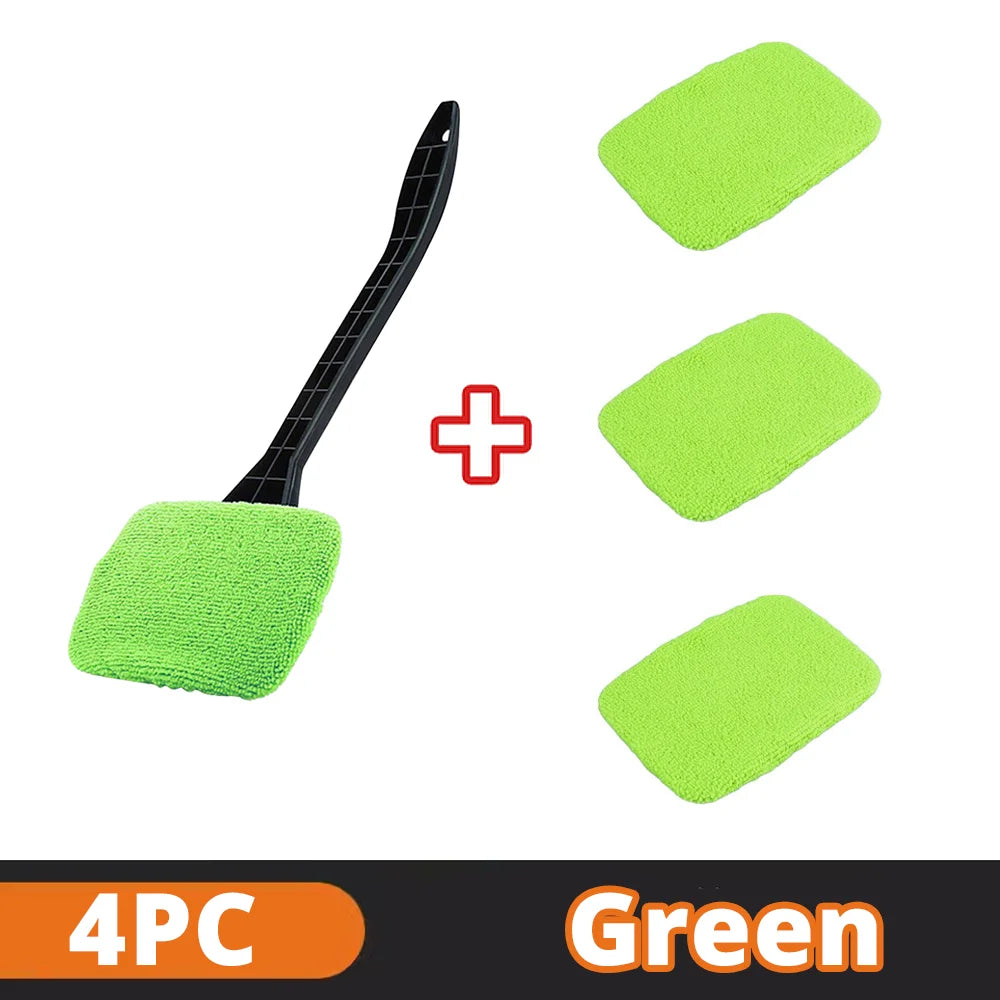 NEW 4PCS Set Car Window Defogging Cleaner Brush Kit Microfiber Windshield Cleaning Tool Auto Interior Glass Wash Wiper Long Handle Reusable Cloth Pads Car Cleaning Accessories