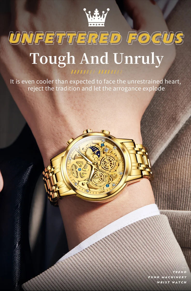 NEW 100% Original OLEVS Luxury Men's Watches Top Brand Luxury Original Waterproof Quartz Watch for Man Gold Skeleton Style 24 Hour Day Night Wristwatch Perfect Gift for Husband Boyfriend