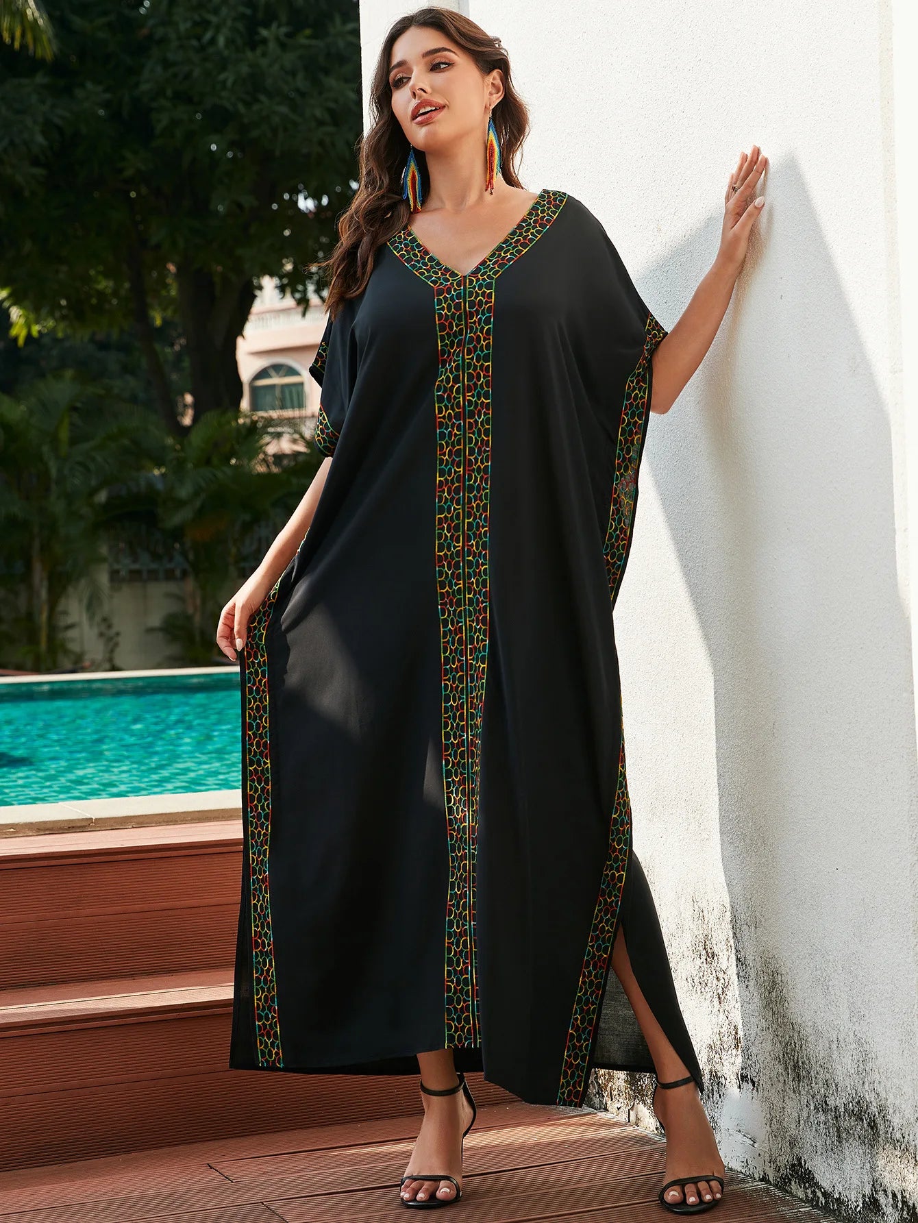 Embroidery Beach Kaftan Dress for Women Short Sleeve Bikini Swimsuit Cover Up