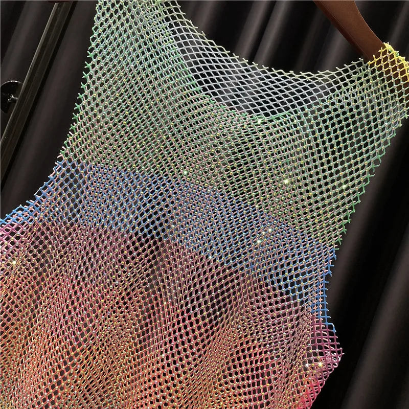 Women&Men Neon Crystal Colorful Rhinestones Shiny Sexy Y2K RainbowTank Tops Party Club Sexy See Mesh Hollow Out 65cm long