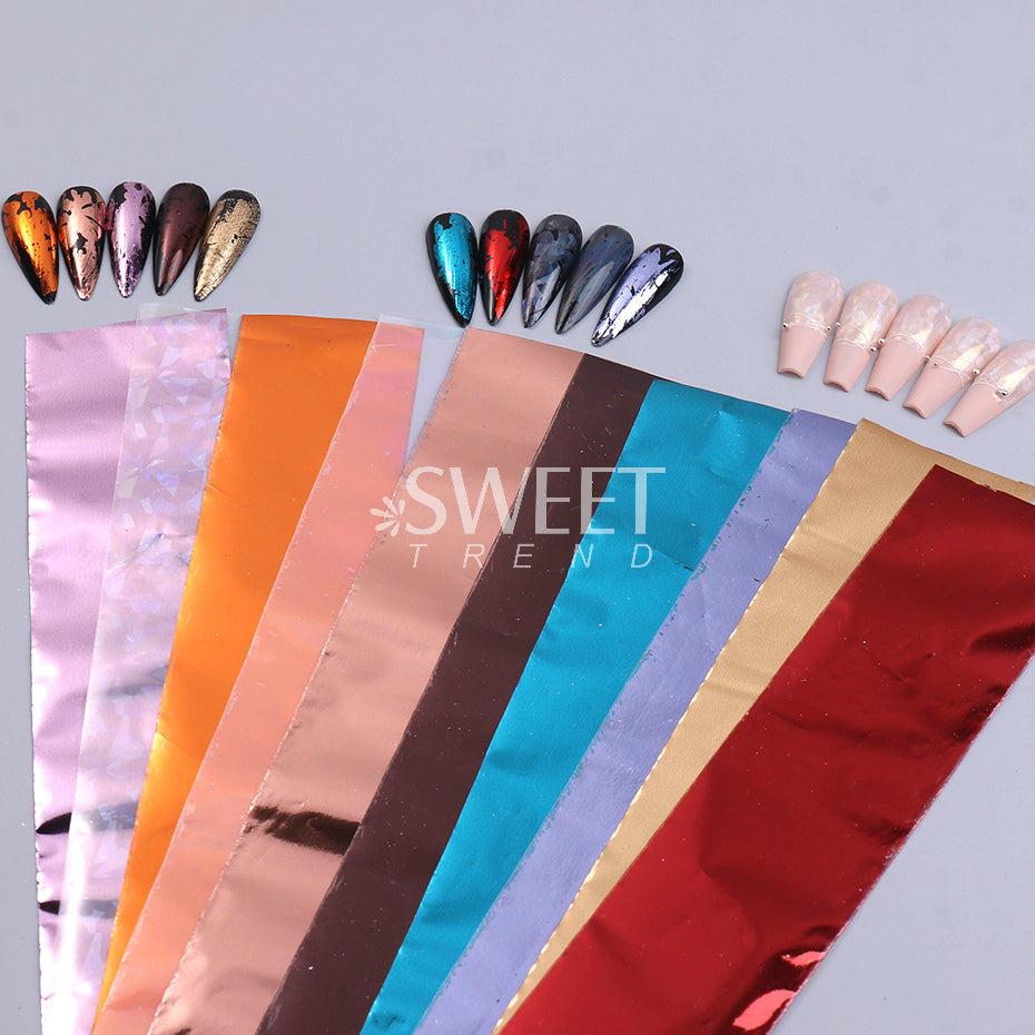 10 Roll/Box Metallic Mirror Nail Foils Holographic Gold Silver Champagne Transfer Stickers DIY Charm Starry Paper Manicure Decor