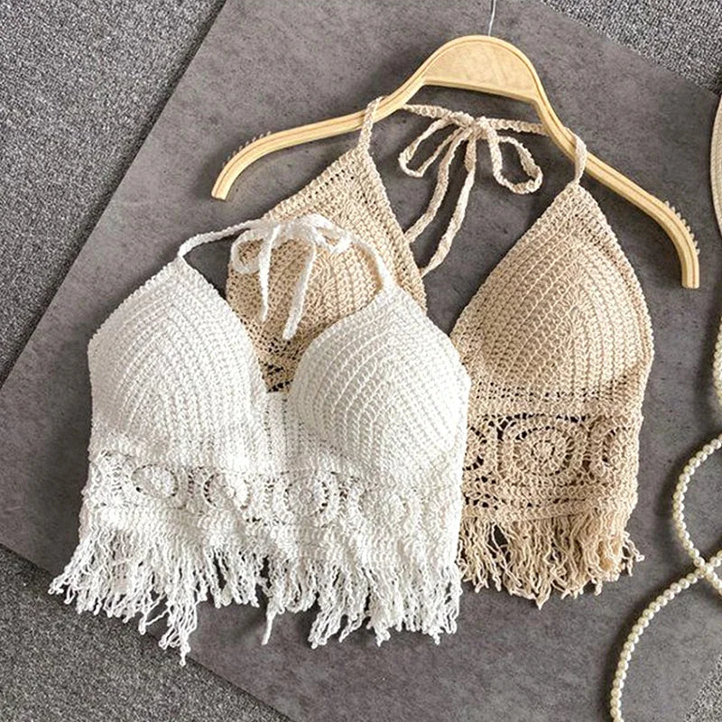 Handmade Sexy Beach Holiday Camisole Halter Women Crochet Knit Swimsuit Bra Backless Vest Hollow Tassel Tank Top Women's Female Crop Tops Girls Ladies Summer Luxury Fashion Clothing Products