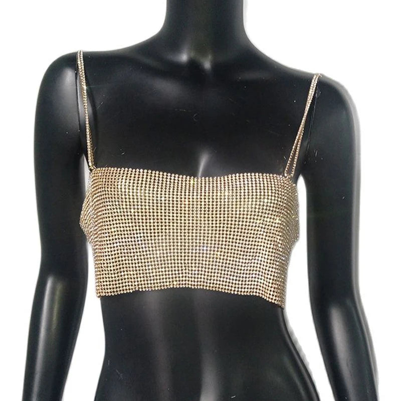 NEW 7 Colors Festival Queen Sequin Shiny Crystal Chain Luxury Tank Top Glitter Metal Mesh Halter Metallic Strap Crop Tops Festival Party Sexy Women Tops