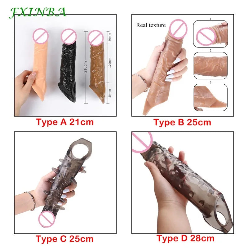 21/25/28cm Large Penis Extender Sleeve Reusable Condom Delay Penis Sleeve Dick Male Dildo Enlargers Sex Toys For Men