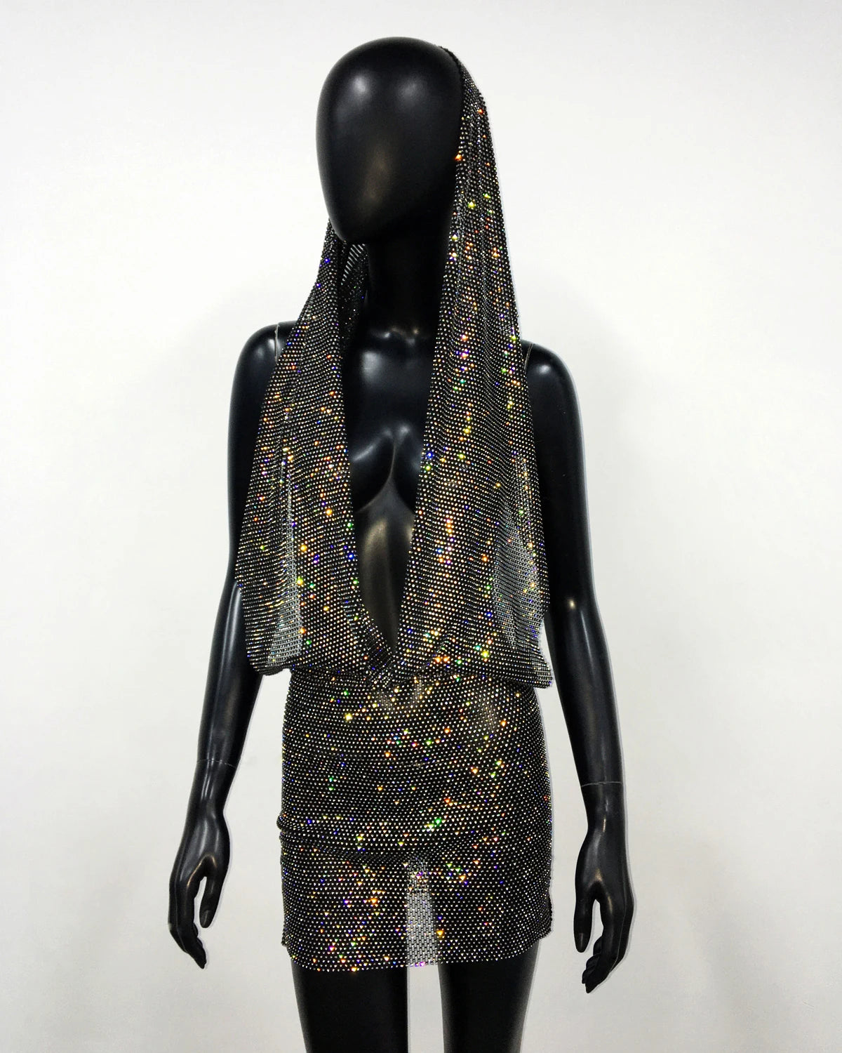 2 PCS Set White/Black Color Sexy See Through Glitter Fishnet Diamonds Mini Skirt Suit for Women Mesh Turban Dress Low Cut Crop Y2K Tops Elastic Waist Wrap Hip Skirts