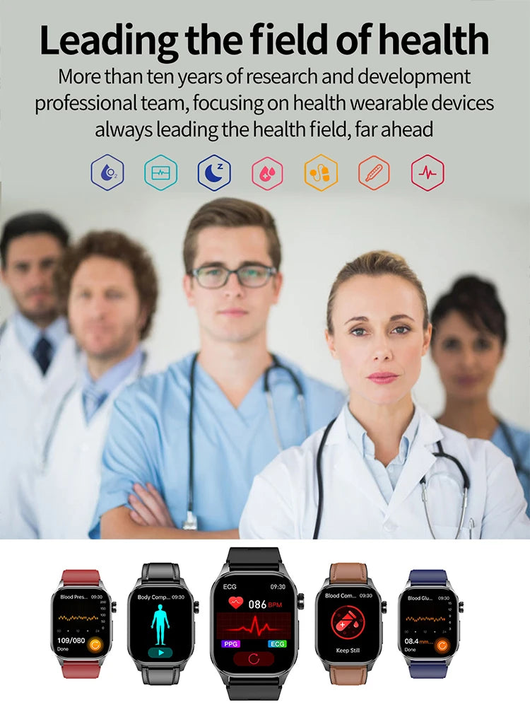 NEW HOT SALE All Scientific Medical Diagnosis Blood Glucose Fat Oxygen Blood Pressure Heart Rate Multi-Languages Lipids Monitor Health Smart Watch Men ECG+PPG IP68 Waterproof Sport Smart Watch Sports Electronics Accessories
