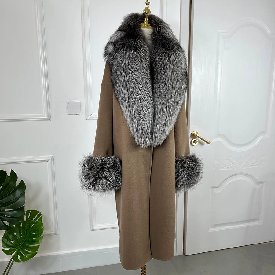 NEW Arrivals S-4XL 4 Colors Women 100% Cashmere Cardigan With Fur Natural Silver Fox Fur Coat Long Wool Blends Coat Fur Collar Cuffs Winter Evening Party Outerwear Ladies Luxury Fashion Apparel Products