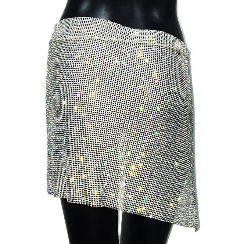 NEW Arrivals 6 Colors Glitter Rhinestone Metal Chain Mini Sexy Skirt For Women Sexy Side Slit See Through Party Skirt Rave Festival Outfits