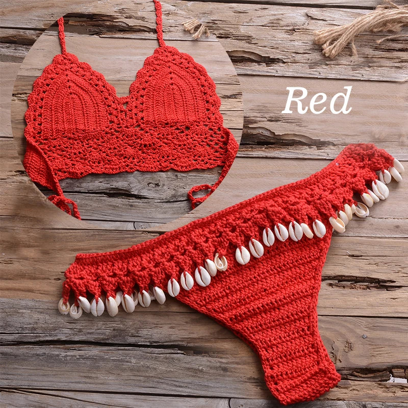 NEW Arrivals 10 Colors Handmade Sexy Women Large Size Swimwear Knitted Halter Bikini Top Bra Sexy Beach Swimsuit Hollow Bathing Suit Bikini Set Push Up Swim Thongs
