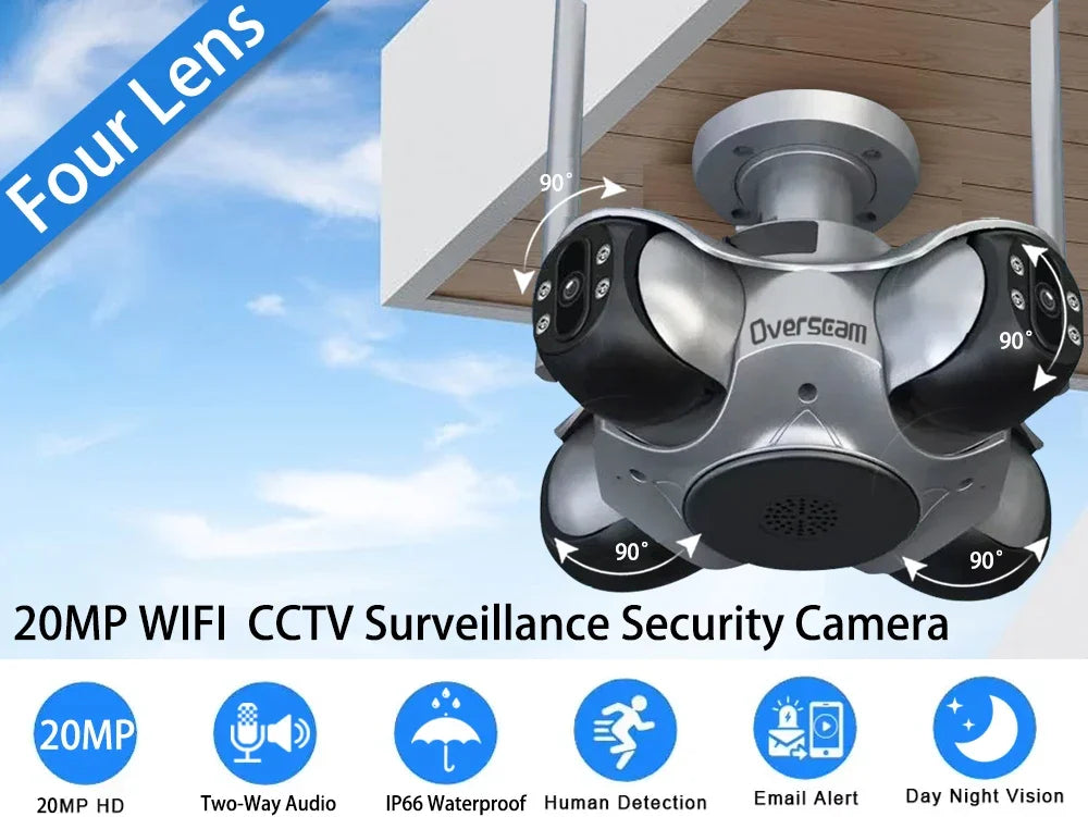 NEW Arrivals AI Functions 4Lens 4 Screen Wi-Fi Camera 20MP Outdoor Waterproof Security Camera Human Detection Night Vision CCTV Two-Ways Voice Intercom IP Camera Home Office Factory Security