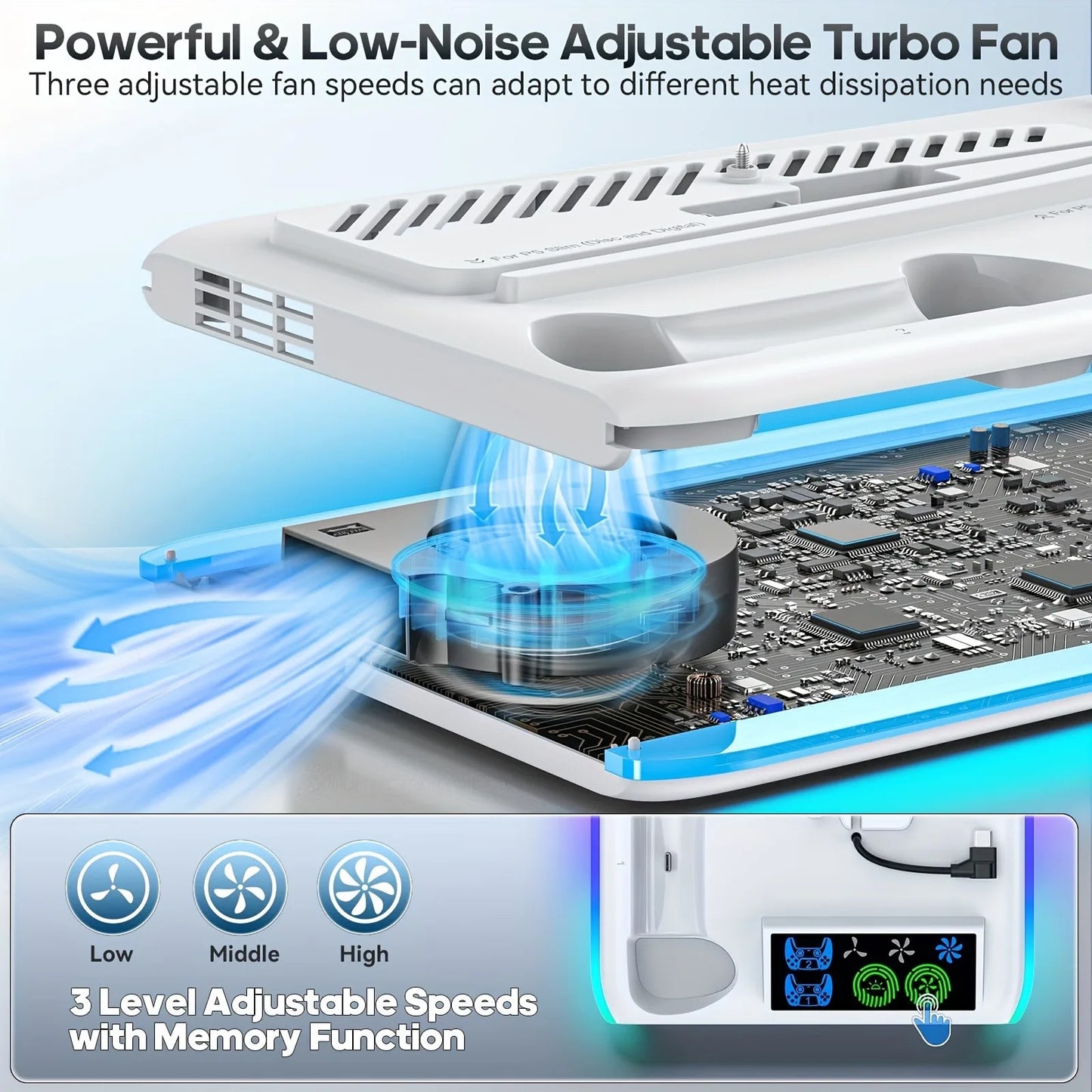 NEW Arrivals for PS5/PS5 Slim Stand with Headphone Hook Cooling Stand with Controller Charging Dock Station With 3 Levels Cooling Fan Computer Video Games Accessories Electronic Supplies
