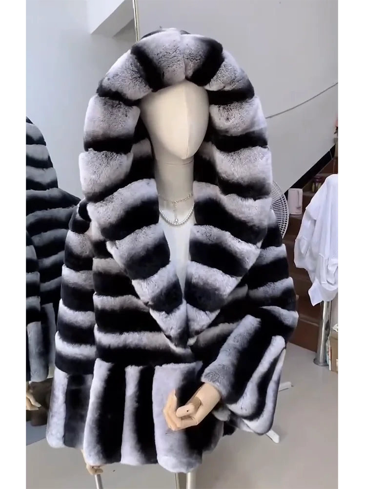 NEW Arrivals S-3XL Real Rex Rabbit Luxury Fur Coat with Hood for Women, Luxury Jacket, Chinchilla Color, Ladies Girls Winter Fashion Clothing Products
